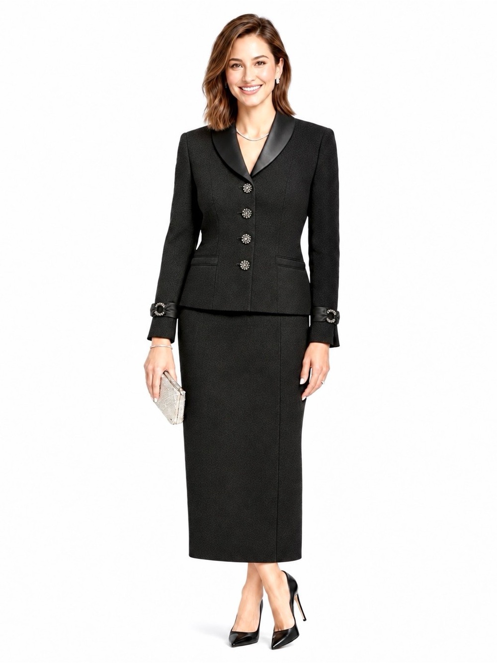 Vintage St. John Evening by Marie Gray, Black Wool Knit Skirt Set Silk Trim 8